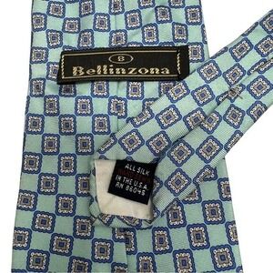 Bellinzona Silk Tie Mens Blue Grey Geometric Medallion Mint Green Hand Sewn USA